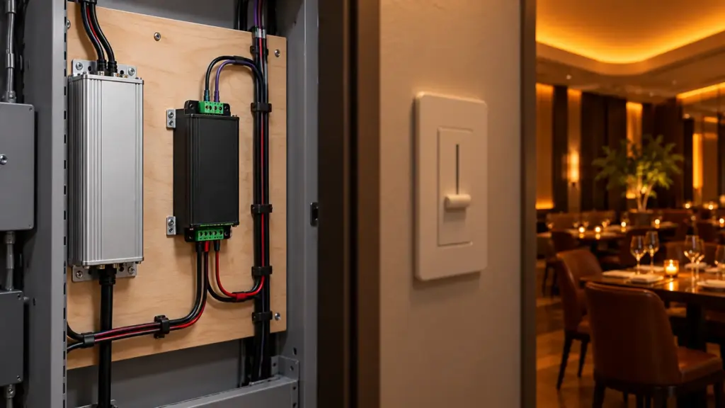 0-10V decoder and wall dimmer controlling dim-to-warm LED strip