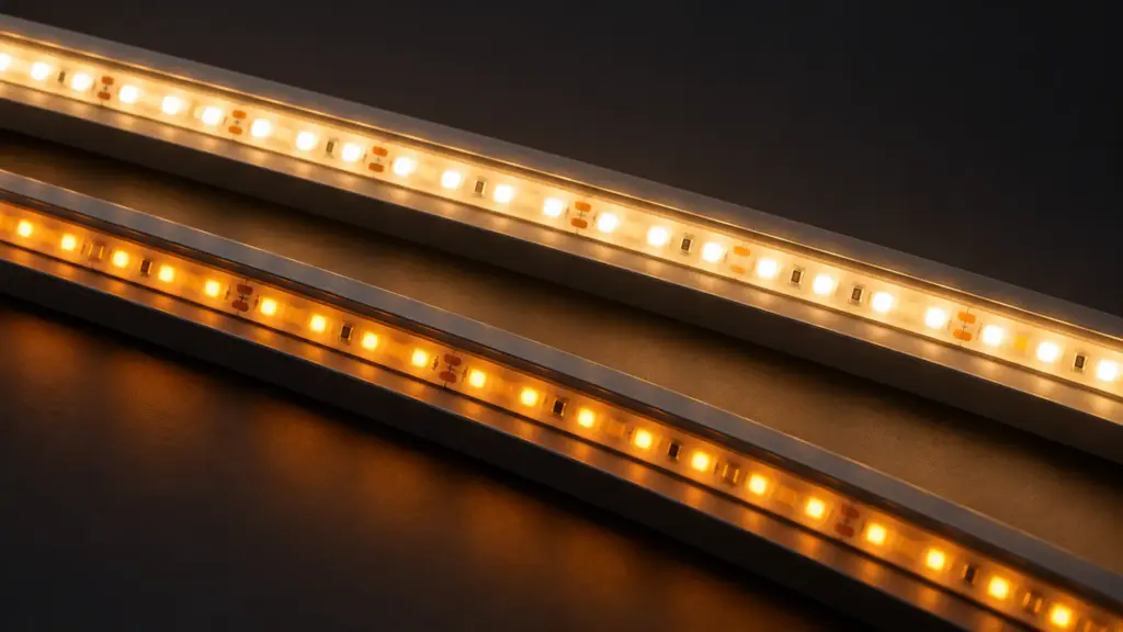 Dim-to-warm LED strip at full 3000K beside the same strip dimmed amber