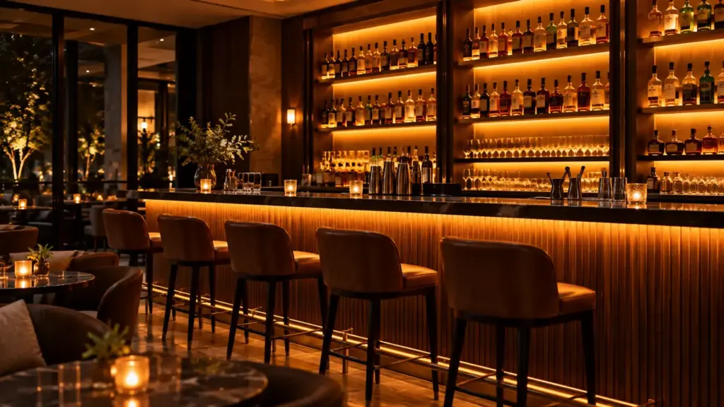 Dim-to-warm LED strip lighting a hotel back bar in warm amber