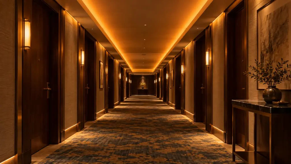 Hotel corridor lit by dim-to-warm LED strip coves late at night