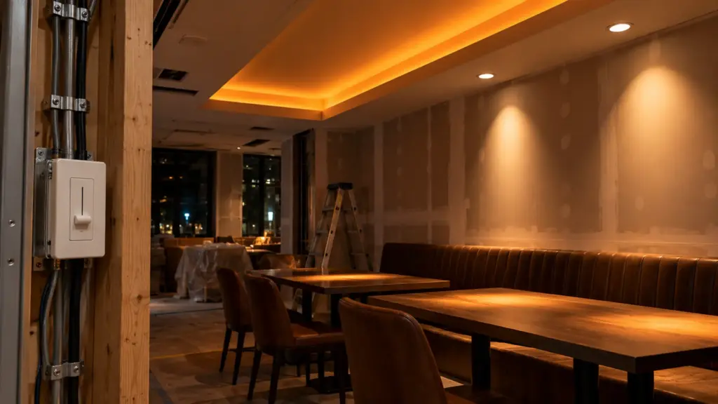 Dim-to-warm LED strip cove and downlights mocked up on one dimmer