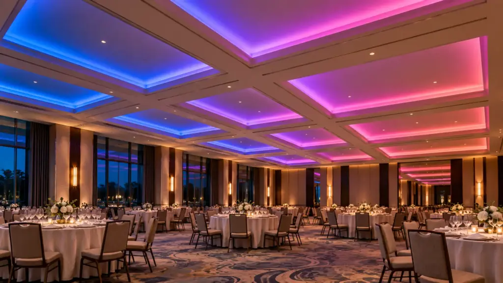 DMX addressable LED strip coves running one color wave in a ballroom