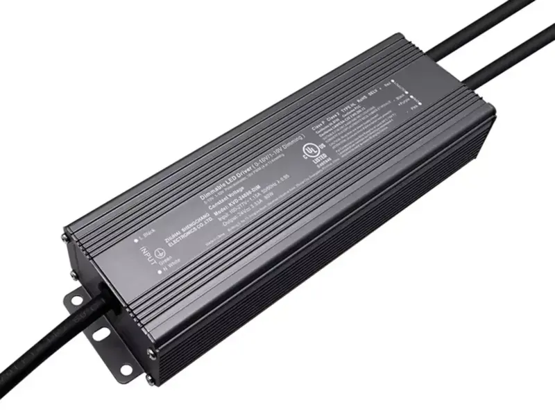 0-10V dimmable constant-voltage LED driver in a black finned aluminum case with flying leads, 24V 80W