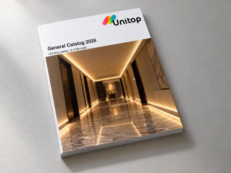 Unitop General Catalog 2026 printed brochure with a hotel corridor LED cove lighting cover photo, lying on a desk