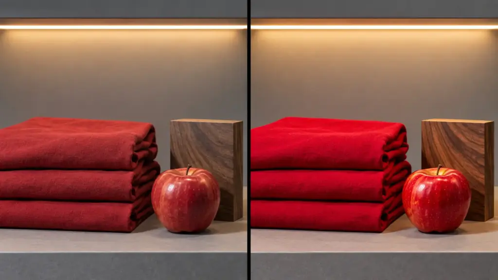 Red fabric under low-R9 strip beside the same fabric under high-CRI strip