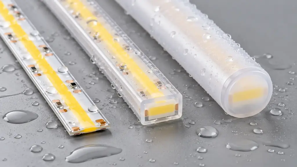 IP65, IP67 and IP68 LED strip constructions shown side by side
