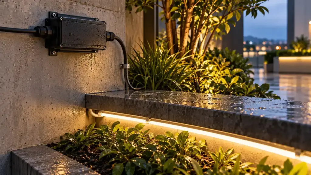 IP67 LED driver and sealed strip joint above a wet planter