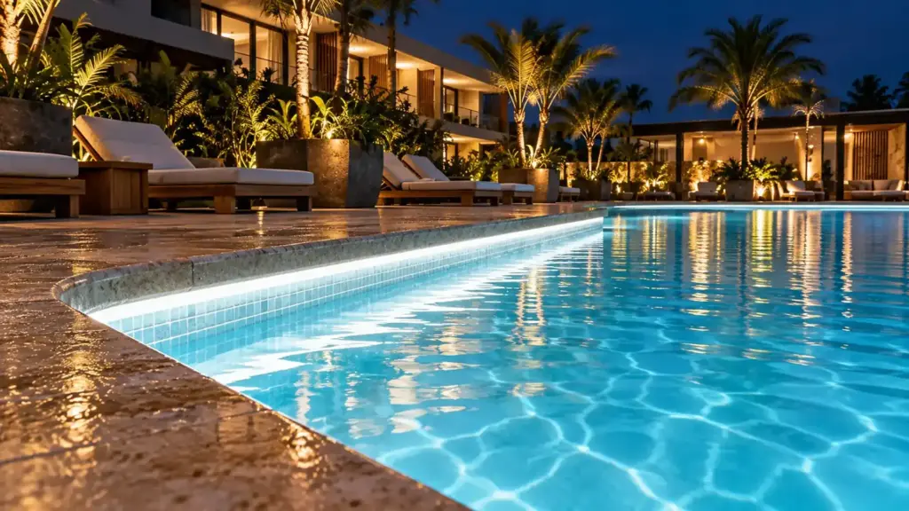 IP68 LED strip lighting a hotel swimming pool edge at night