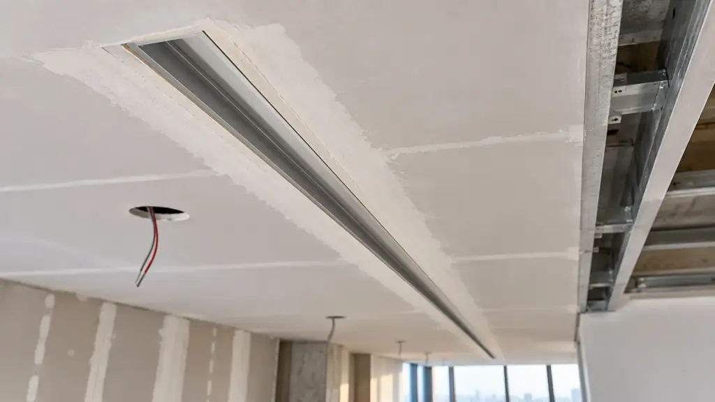 Recessed aluminum LED channel fixed in drywall ceiling before strip installation
