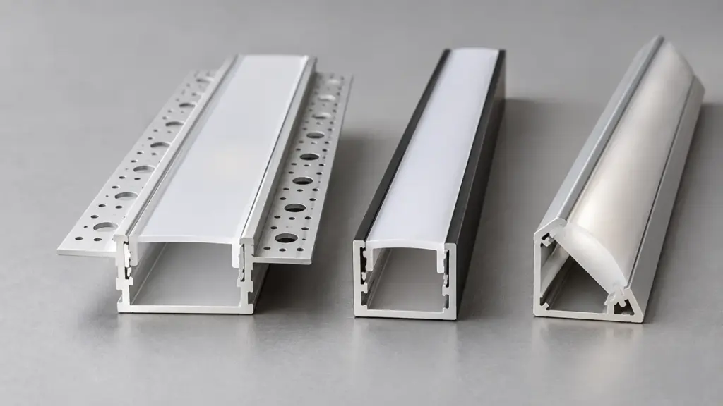 Recessed, surface, and corner aluminum LED channel profiles side by side