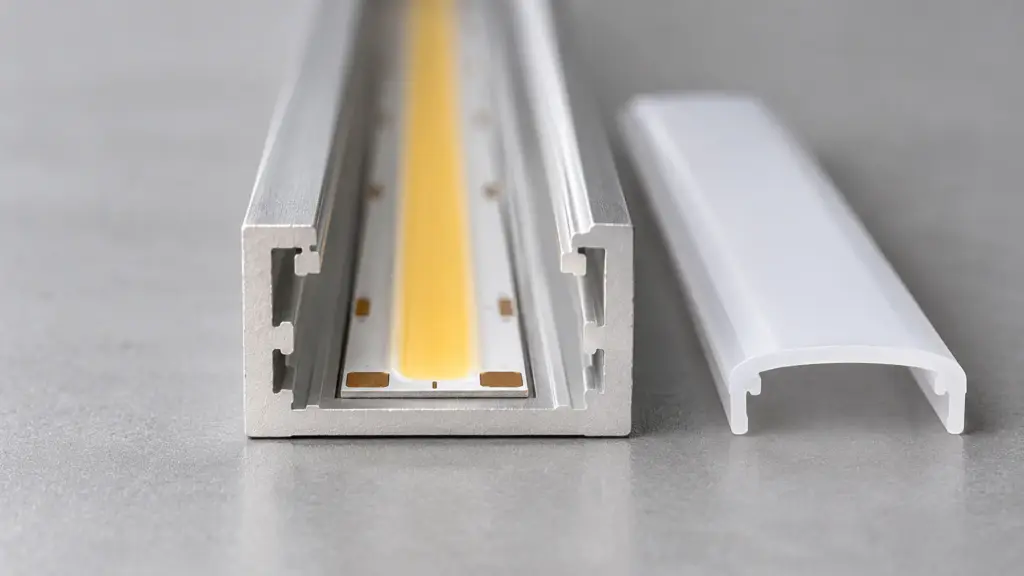 End view of aluminum LED channel with 8 mm COB strip seated