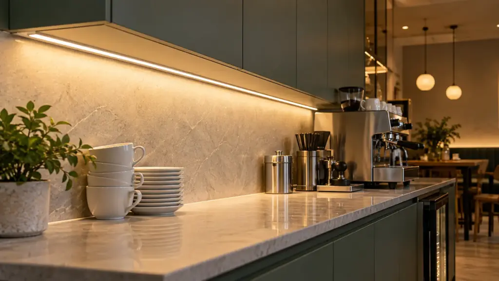 Slim aluminum LED channel lighting a commercial cafe counter under cabinets
