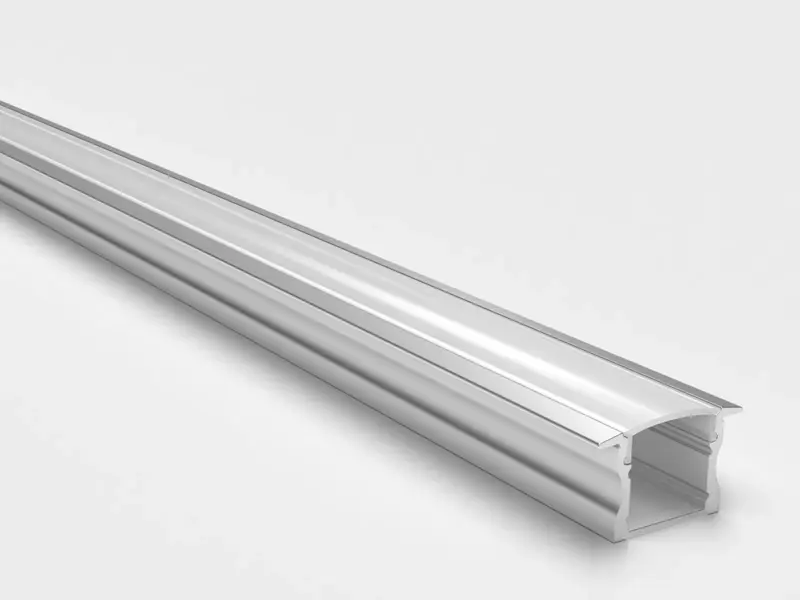 Recessed aluminum LED channel with mounting flange and frosted flat diffuser, angled end view