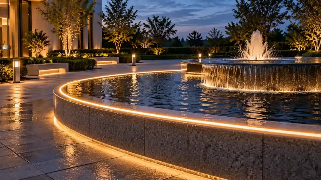 Waterproof neon flex outlining a fountain basin edge at dusk