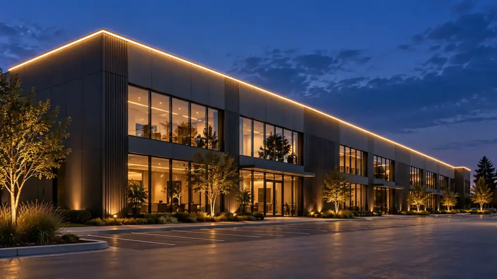 Long roofline outlined by one continuous neon flex run, evenly lit