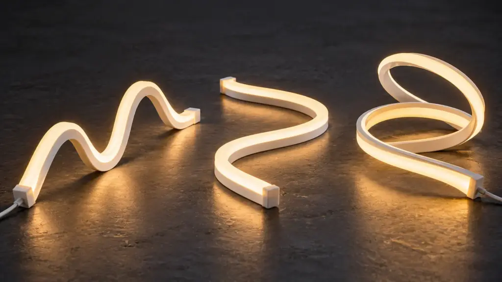 Top bend, side bend, and 3D bend neon flex lines side by side