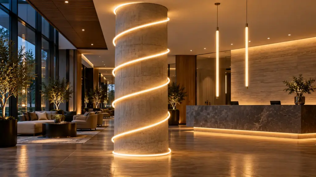 Round neon flex wrapped around a lobby column and hanging as pendants