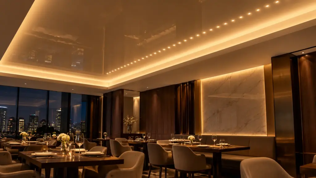 Glossy ceiling reflecting SMD LED strip as a row of dots in cove