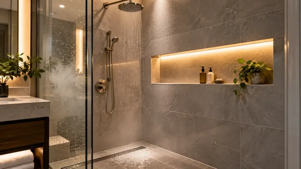 Wet location LED strip lighting a shower niche in a hotel bathroom