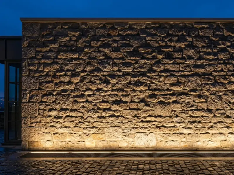 Rough stone facade grazed by a concealed linear LED fixture at grade, warm light raking upward to reveal the stone texture