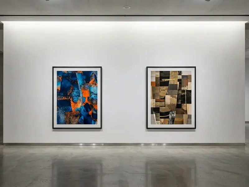 Gallery wall evenly washed from a recessed ceiling slot, two framed artworks lit with no hotspots or scallops
