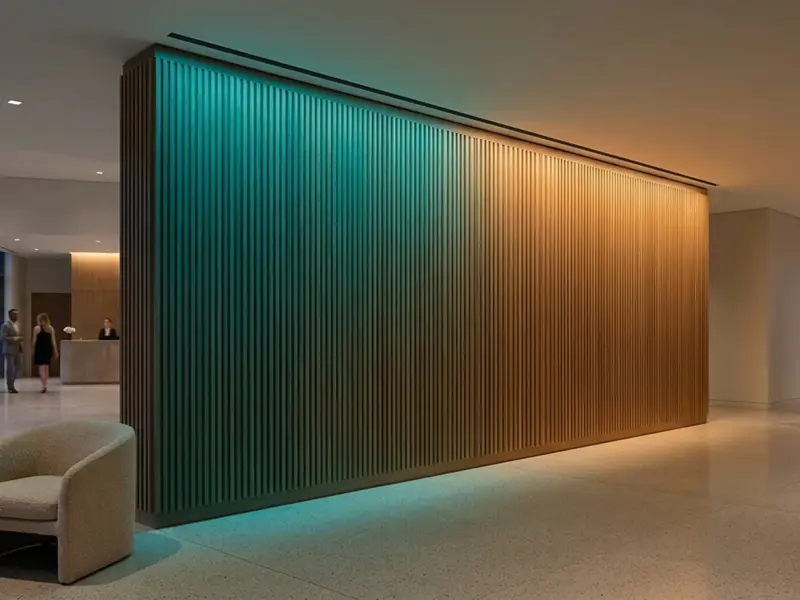 Fluted timber lobby wall washed by a concealed RGBW LED washer, teal grading to amber across the full wall height