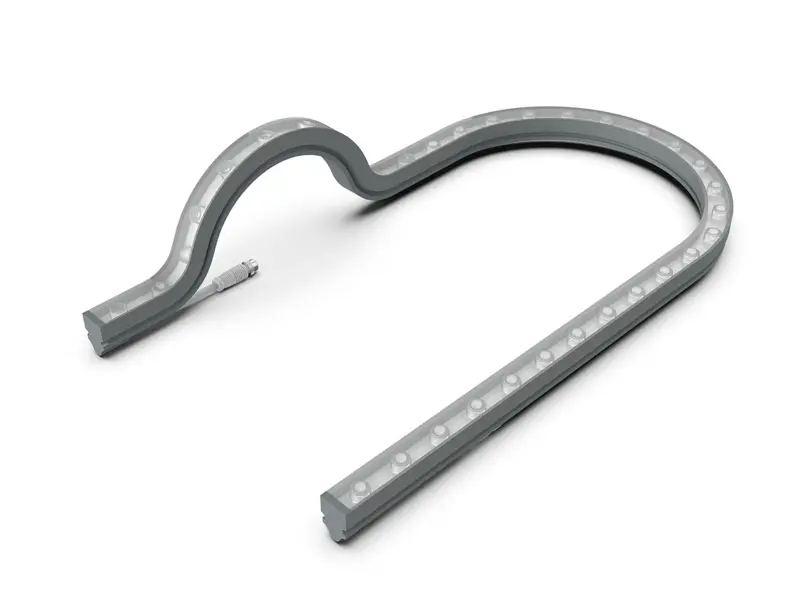 Bendable LED lens bar shown curved into an S-bend and a U-bend, round optical lenses along the face, sealed end cap and connector