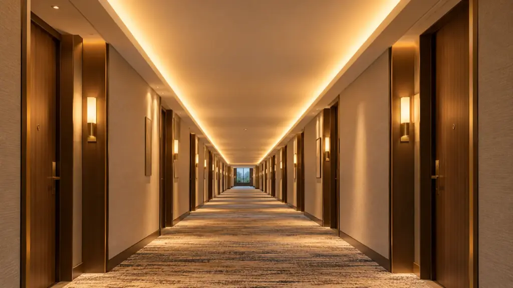 Long hotel corridor ceiling cove with even LED strip light end to end