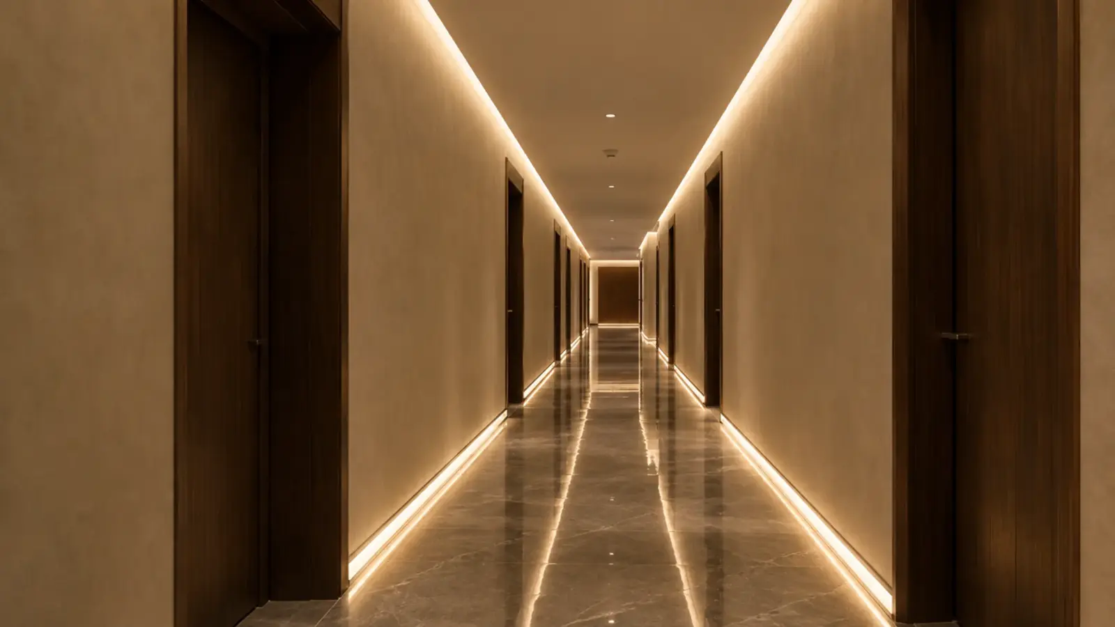 Hotel corridor at night with continuous warm-white LED cove lighting at the ceiling and recessed LED channel at the base of both walls, marble floor reflecting the light