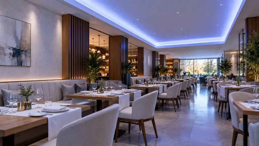 Restaurant ceiling cove lit by cool tinted RGB mixed white LED strip