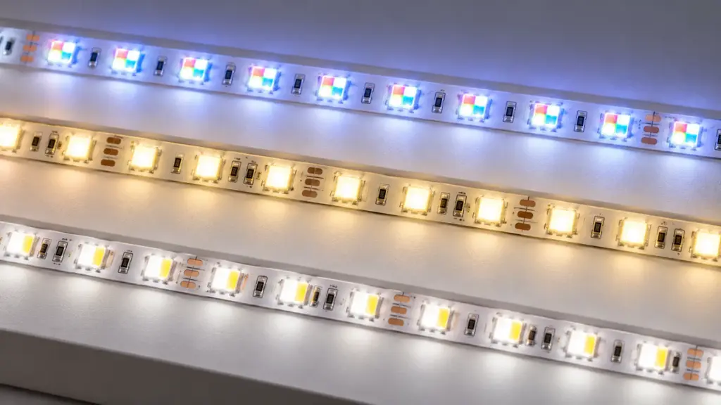 RGB, RGBW and RGB+CCT LED strip white light compared side by side