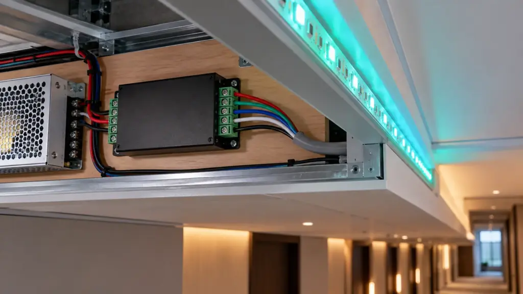 RGBW DMX decoder wired with five-conductor cable to LED strip