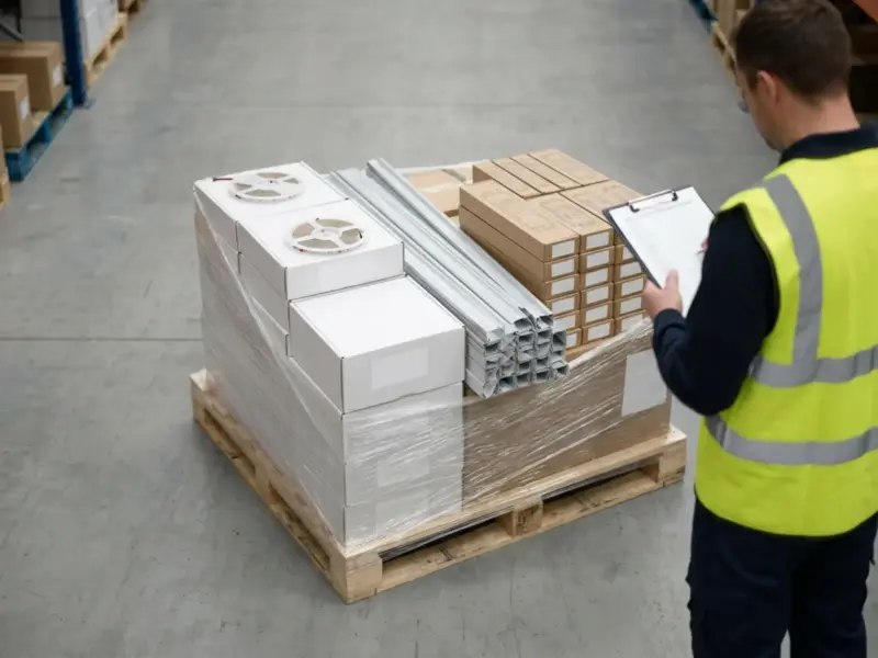 Warehouse worker checking a clipboard beside a stretch-wrapped pallet holding LED strip reels, aluminum channels and boxed drivers