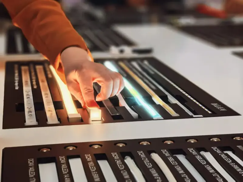 Hand selecting a lit LED strip from a sample board displaying multiple strip types and specifications side by side