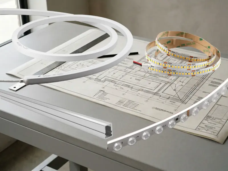 LED strip reel, LED neon flex, lens wall washer bar and aluminum channel laid out over a reflected ceiling plan on a worktable