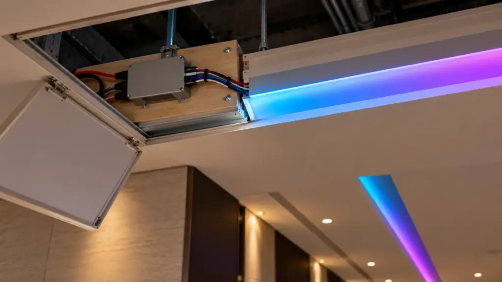 SPI pixel controller mounted above an access panel beside the strip run