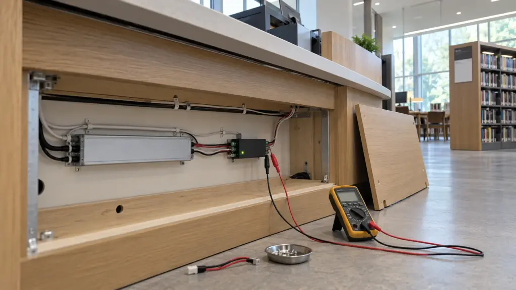0-10V decoder wired between an LED driver and the strip inside an open library desk base, a meter on its output