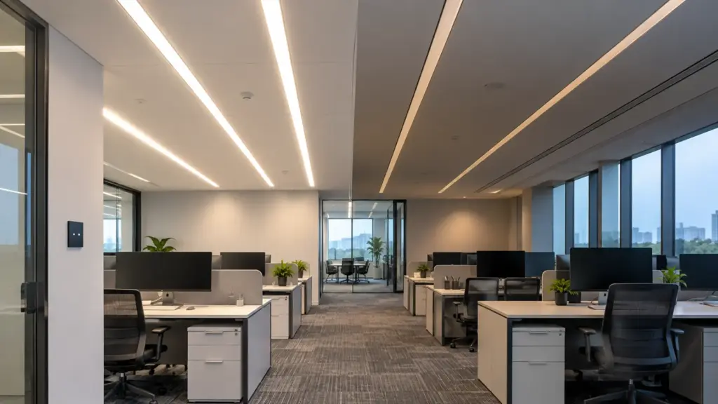 Open office with two LED strip lighting zones at different 0-10V dimming levels