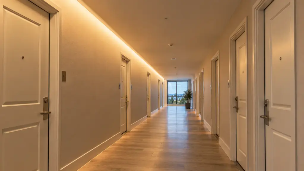 Long 120V LED strip run along an apartment corridor ceiling edge