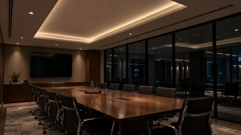 120V LED strip in a boardroom ceiling coffer held at a low, steady dim level