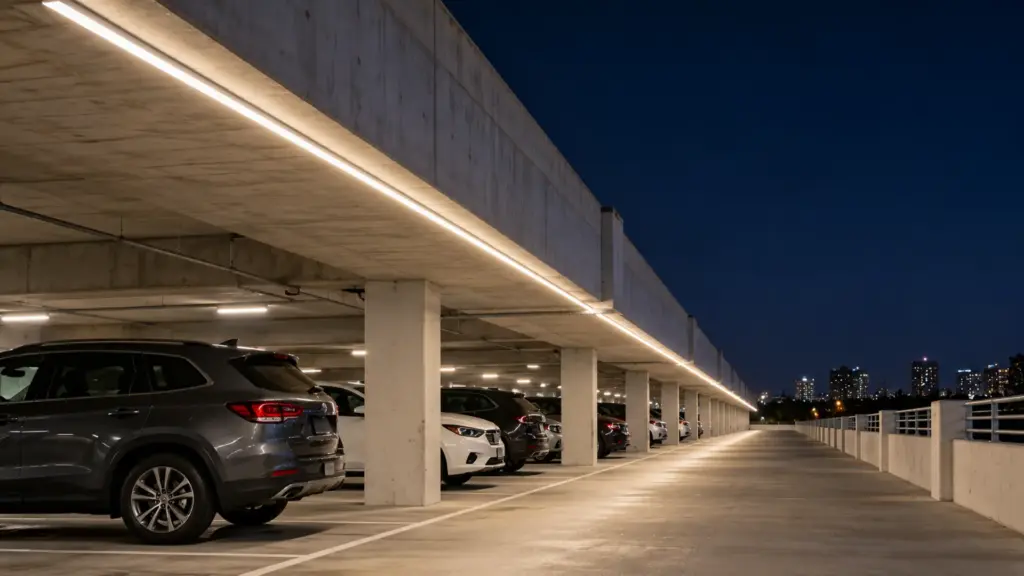 120V LED strip along a parking structure perimeter from one feed