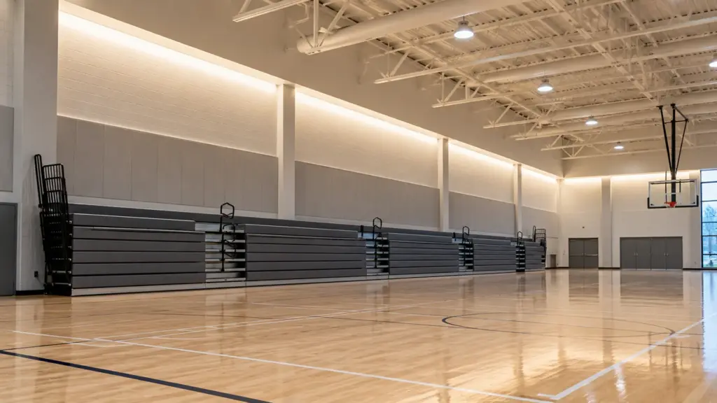 Long 120V LED strip run along the perimeter of a recreation center gym