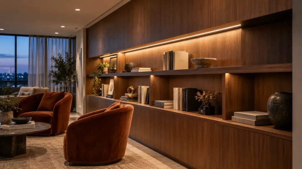 Condo amenity lounge reveal where a substitute 120V strip with a long cut interval leaves a dark end