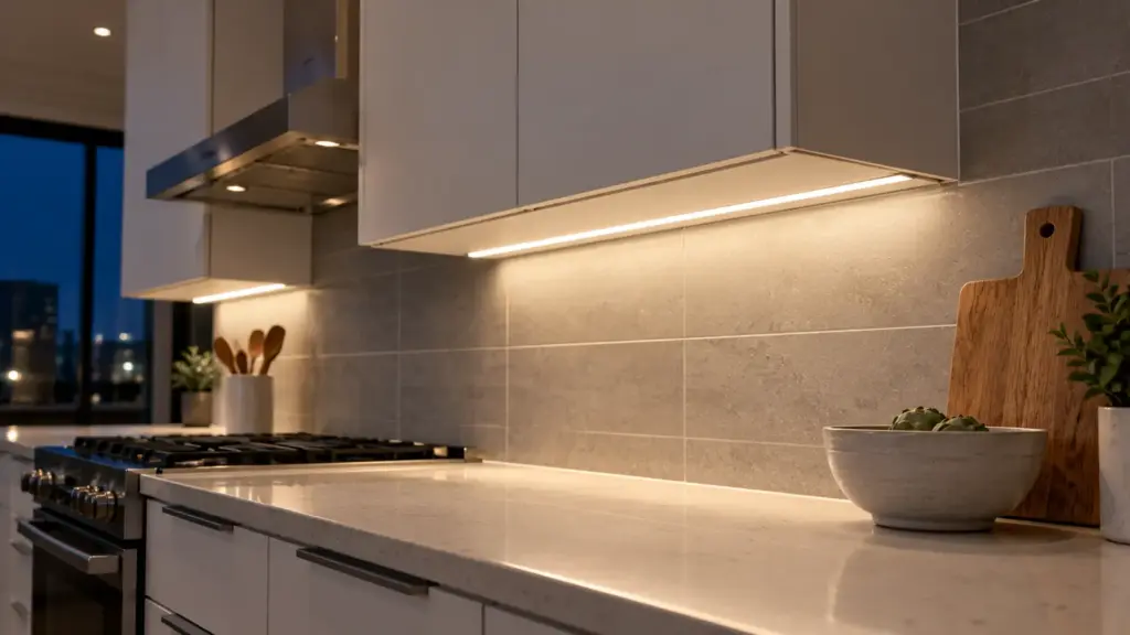 Short SMD LED strip under an apartment kitchen wall cabinet lighting the countertop to its end