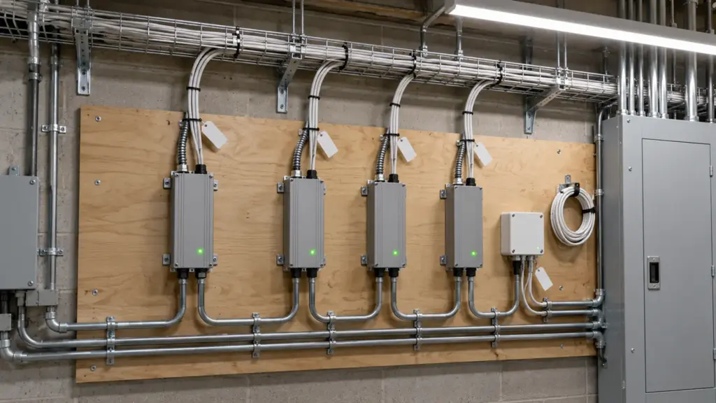 Wall of 24V Class 2 LED drivers and a 0-10V decoder in an electrical room, labeled by run