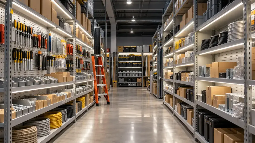 Hardware store aisle with 5000K LED strip behind a diffuser along every shelf edge