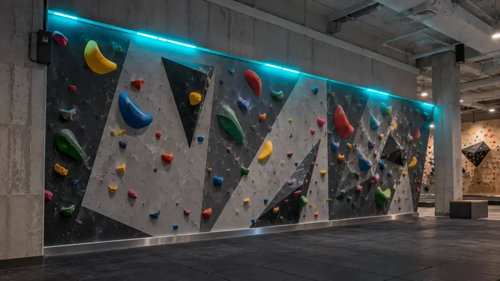 Addressable LED strip running a cyan chase along a climbing gym wall