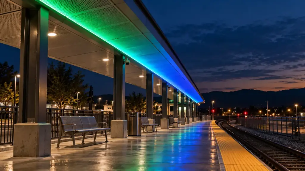 Transit station canopy soffit with an addressable RGBW LED strip line showing a green and blue scene