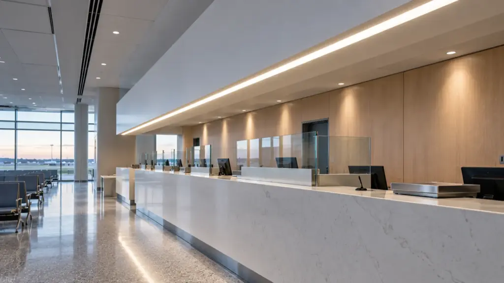 Airport check-in hall counter with a deep surface channel and opal cover on the ceiling bulkhead showing one smooth dot-free line