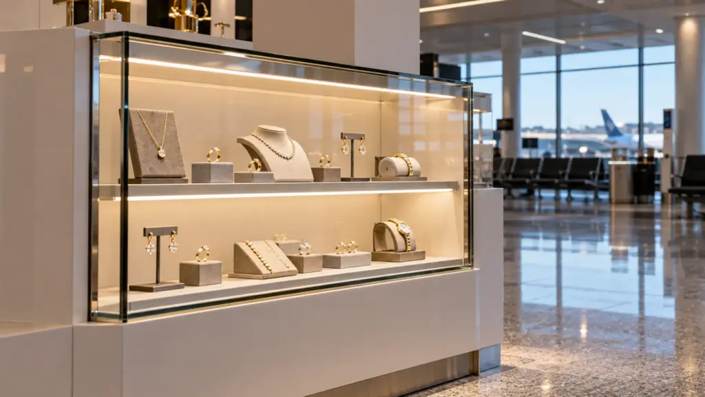 Short wall-mounted jewelry case on an airport concourse lit by CSP mini-cut strip almost to the end of the shelf